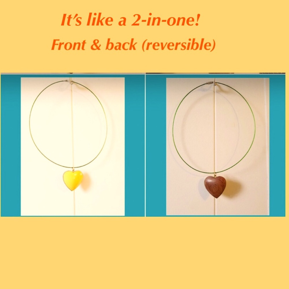 Vintage 60s Chunky Heart Pendant Double-sided Enamel & Wood Choker Necklace ooak